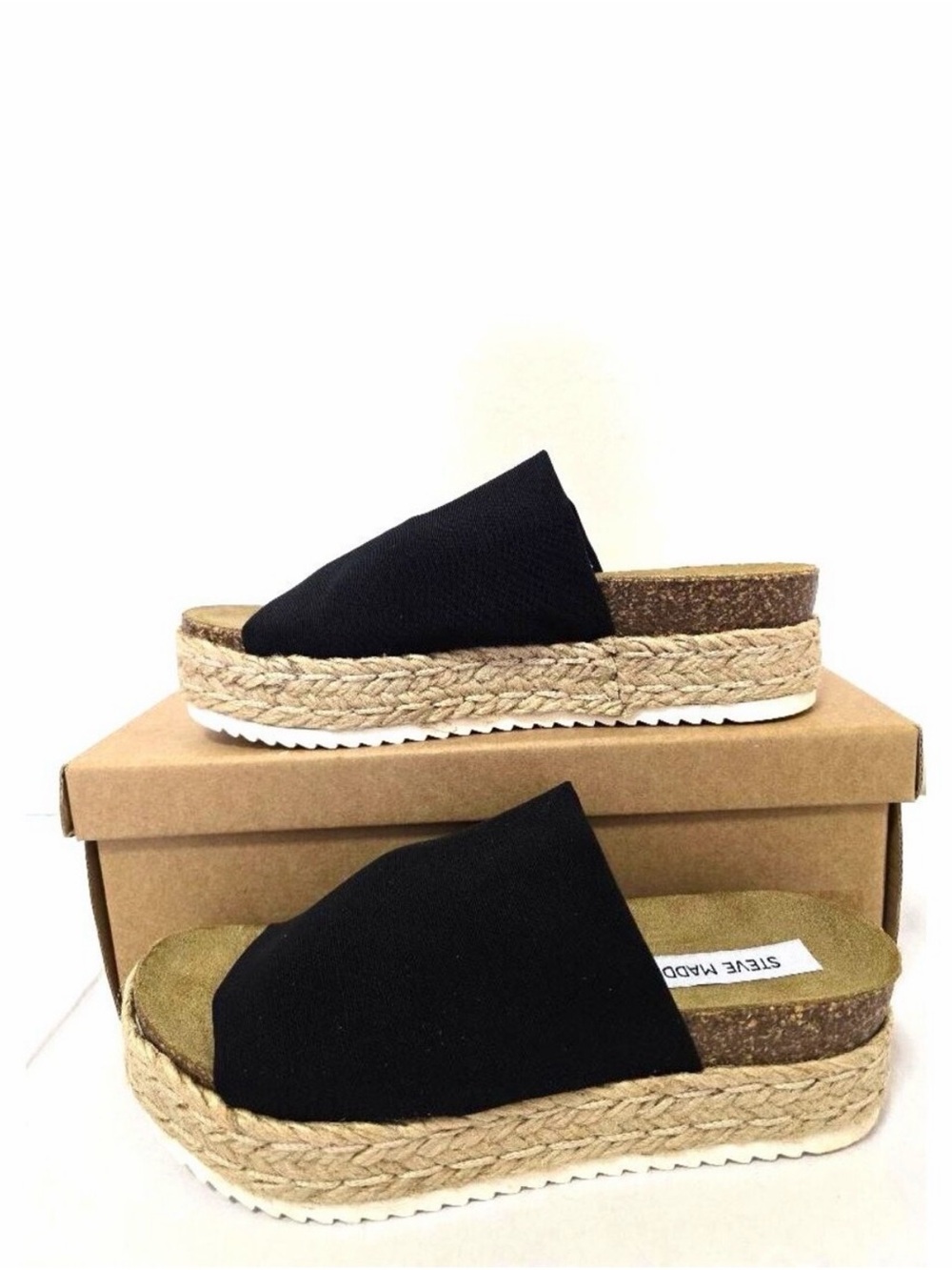 Steve Madden Alison Black Tan Espadrille Platform Sandals Size 7